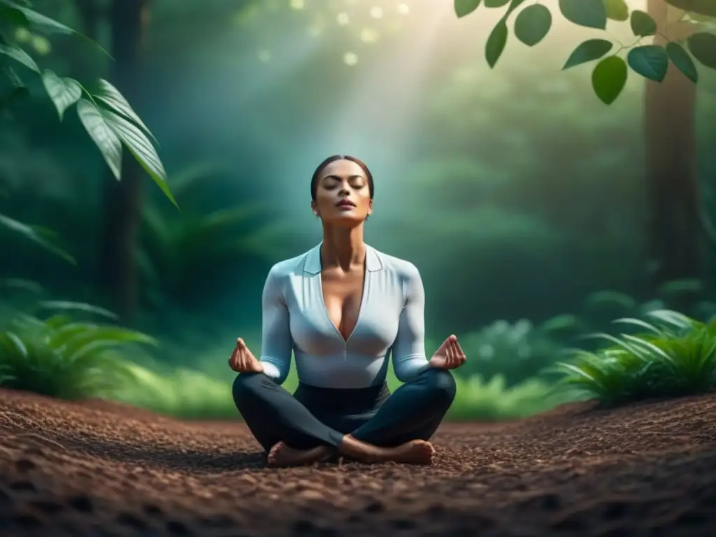 Persona practicando respiración para equilibrio hormonal en la naturaleza serena, rodeada de verdor y luz suave