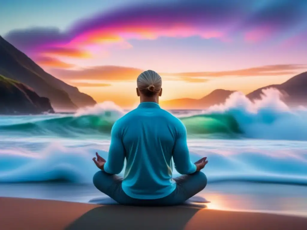 Control del dolor crónico: persona en meditación con biofeedback Persona meditando rodeada de datos de biorretroalimentación, Gestión del Dolor Crónico con Biorretroalimentación