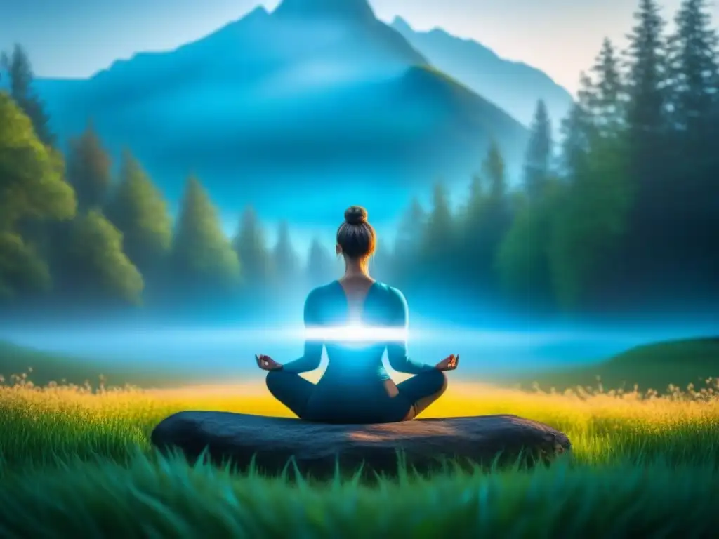 Meditación en paz: persona iluminada en la naturaleza Persona en meditación, rodeada de luz suave en la naturaleza, transmitiendo calma y paz interior
