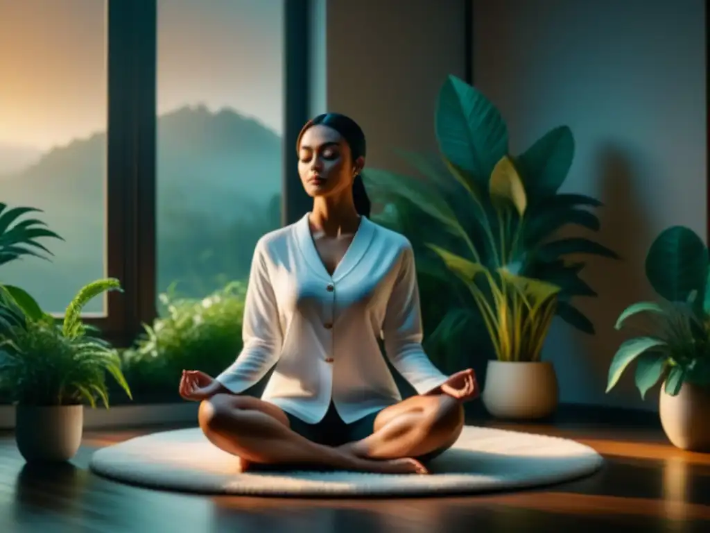 Imagen de meditación serena en un oasis verde Persona en meditación, rodeada de plantas en un ambiente tranquilo y soleado, transmitiendo calma y atención plena