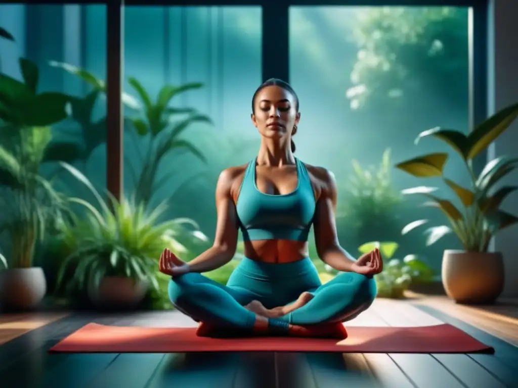 Persona meditando en yoga mat, rodeada de plantas, en una habitación soleada