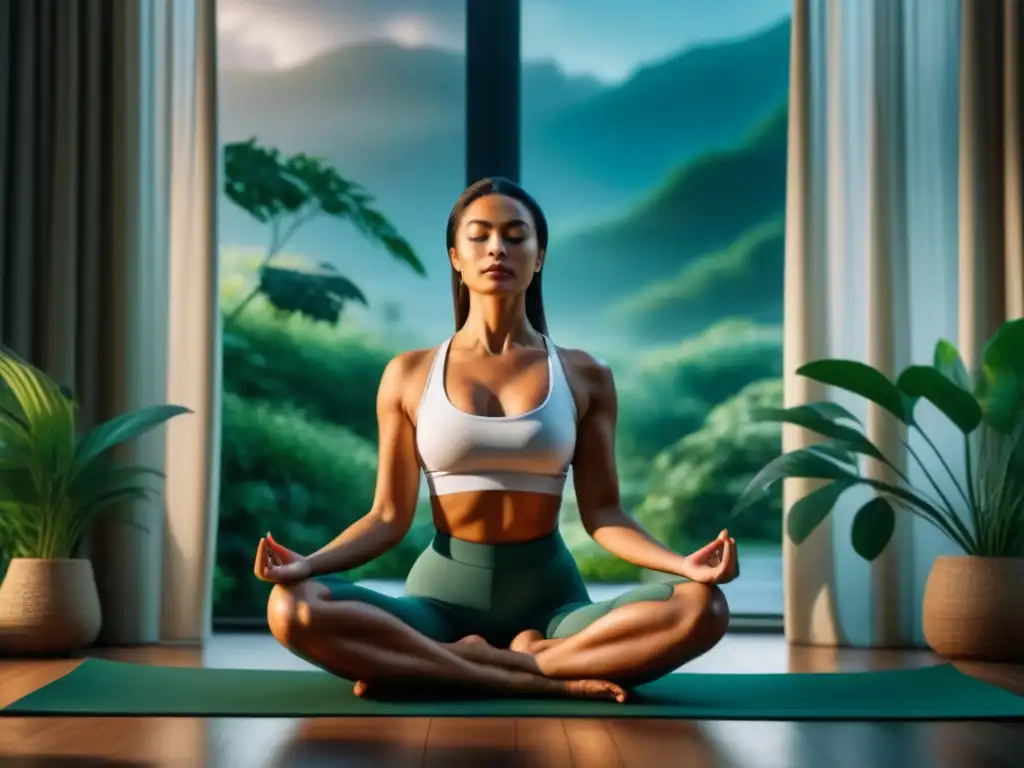 Persona en meditación, rodeada de plantas, luz natural y paz en casa