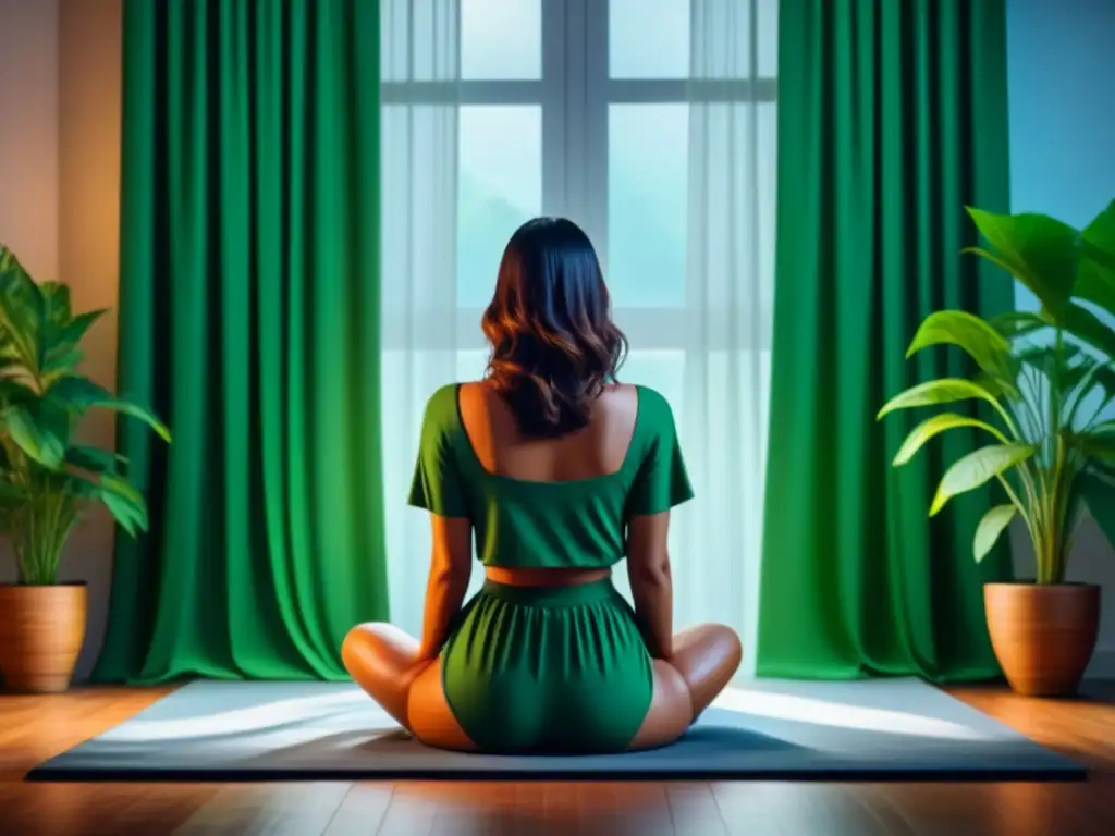 Tranquilidad y serenidad en casa: meditación entre plantas verdes Persona en meditación, rodeada de plantas verdes y luz natural, reflejando serenidad y paz interior, ideal para técnicas de relajación en casa