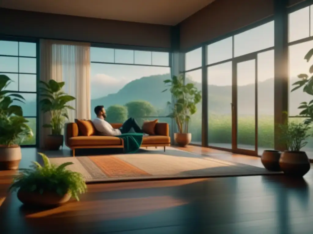 Salón minimalista con vista a jardín: serenidad y relajación Persona meditando en sala minimalista con vista a jardín, practicando técnicas de Earthing en Casa