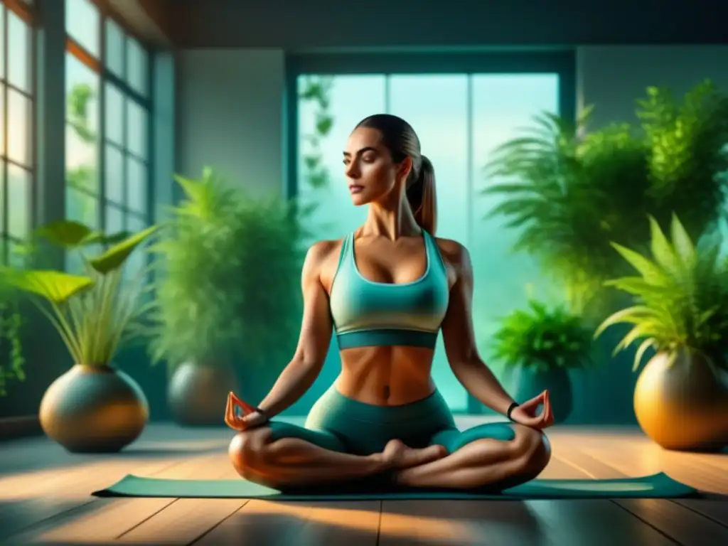 Práctica de yoga en ambiente sereno: 8k detalle Persona serena practicando yoga en casa, rodeada de plantas verdes y atmósfera tranquila, paz interior con yoga en casa