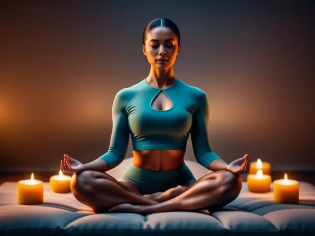 Meditación en calma: serenidad entre velas Persona meditando en silencio, rodeada de velas en una habitación iluminada