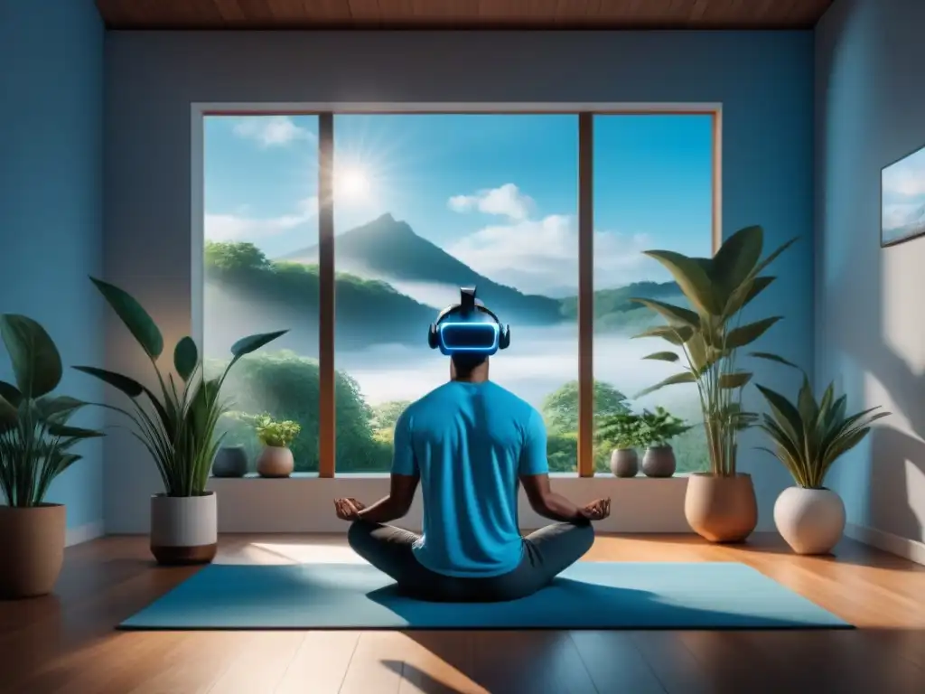 Mediación en realidad virtual: serenidad en casa Persona meditando en VR en habitación soleada con vista al jardín, transmitiendo calma