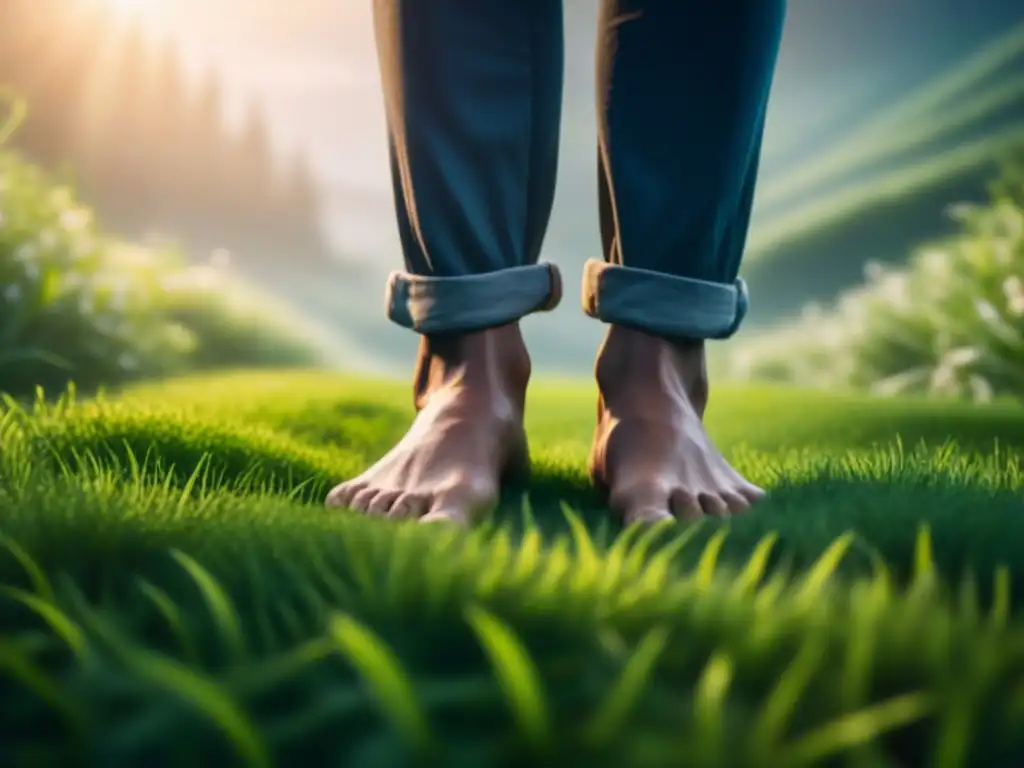 Práctica de enraizamiento en la naturaleza: conexión serena con la tierra Persona practicando técnicas de aterrizaje para aliviar estrés, descalza en la naturaleza, ojos cerrados, expresión de paz, conectada con la tierra