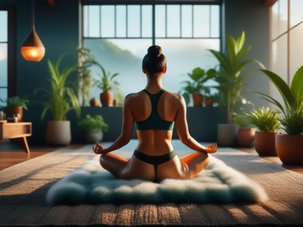 Mediación terrenal: práctica de earthing en casa Persona practicando técnicas de Earthing en Casa, meditando en un ambiente sereno y acogedor con plantas y fuente indoor