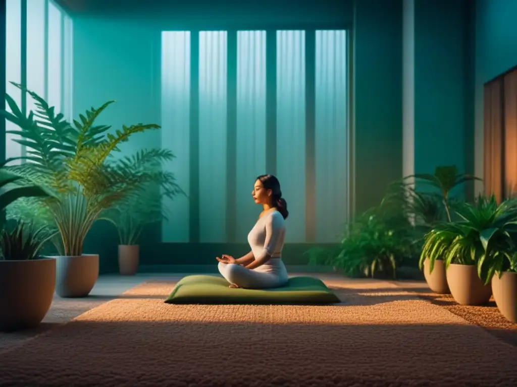 Práctica de relajación: persona en meditación serena rodeada de plantas Persona practicando técnicas de relajación en casa, sentada en calma entre plantas y luz suave