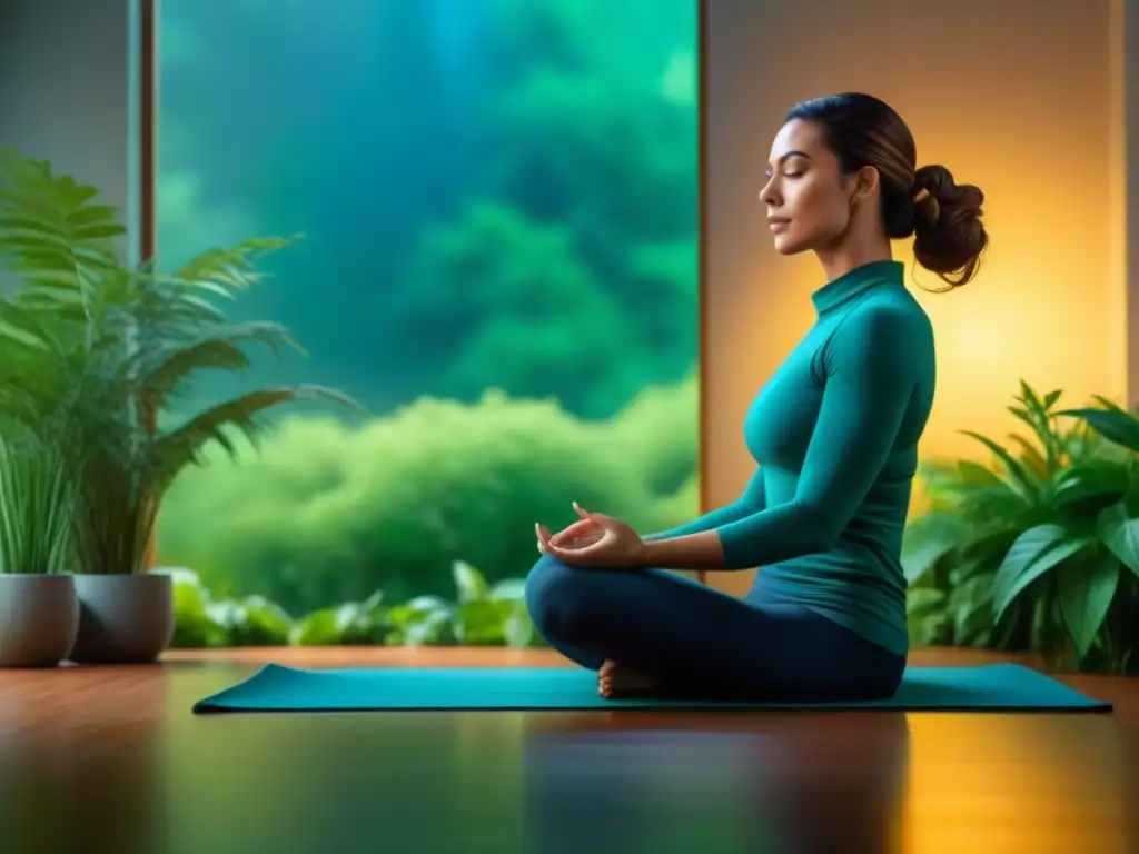 Persona practicando técnicas de respiración para relajarse en un ambiente sereno y tranquilo, rodeada de plantas verdes y una fuente