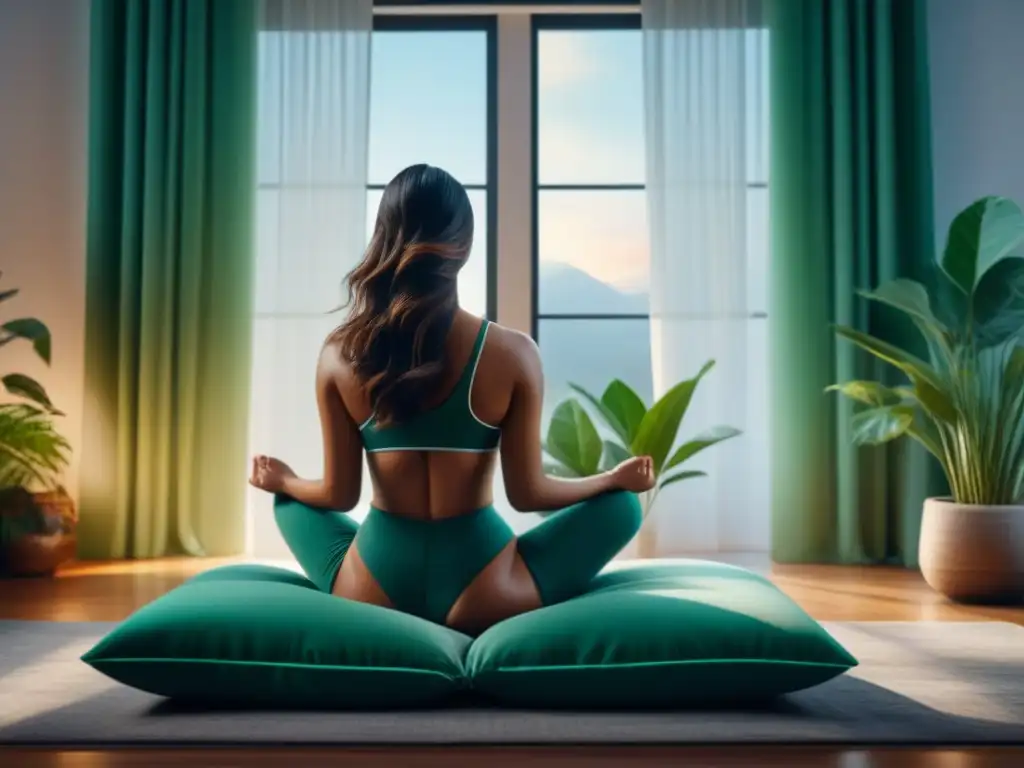 Persona practicando técnicas de respiración para relajarse en casa, rodeada de paz y serenidad