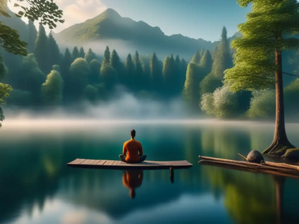 Persona practicando técnicas de respiración para relajación en un entorno natural tranquilo