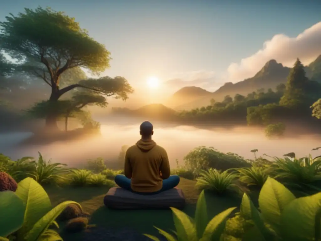 Persona practicando técnicas de respiración para relajación en un entorno natural tranquilo al atardecer