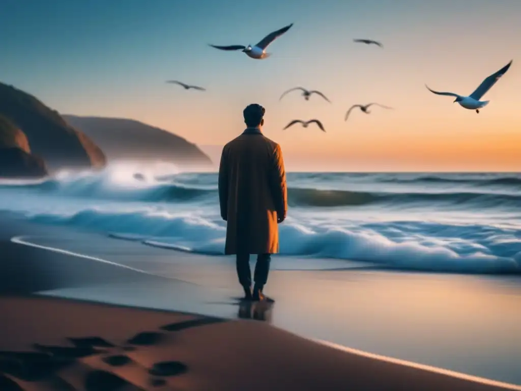 Persona practicando técnicas de respiración para relajación en una playa serena al atardecer