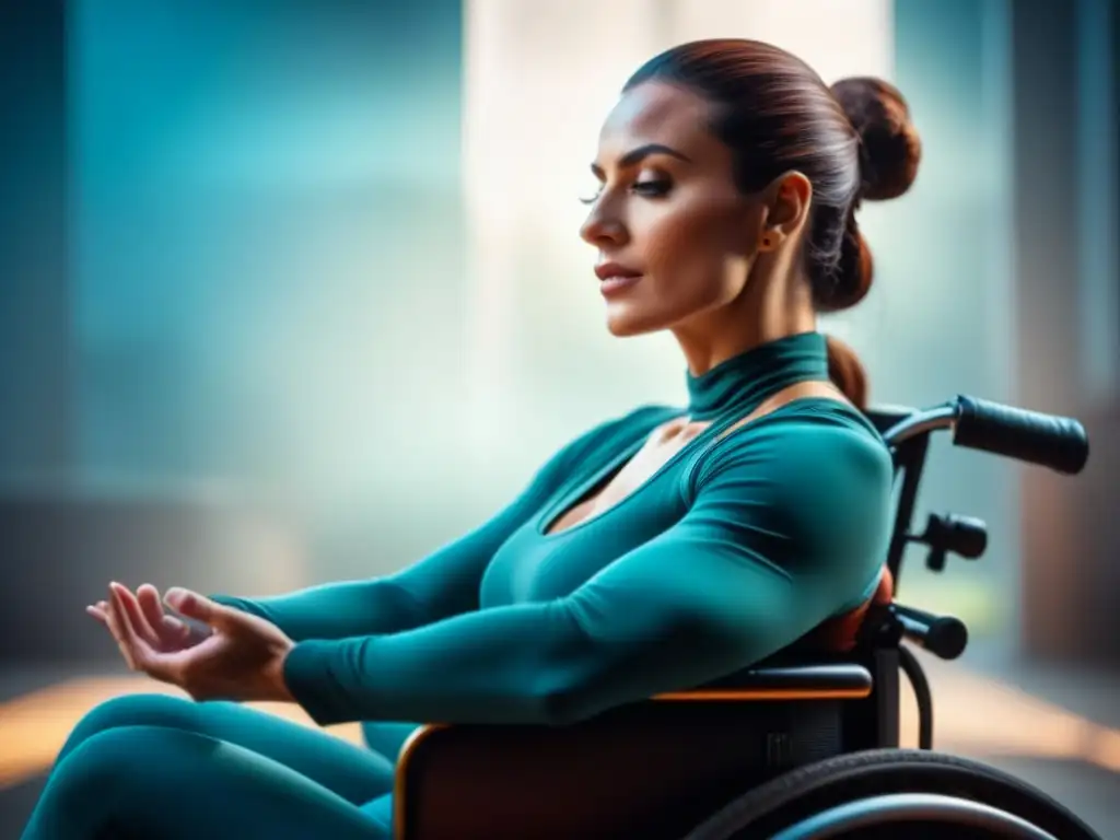 Yoga en silla: serenidad y adaptabilidad Persona practicando yoga adaptado para movilidad reducida en silla de ruedas, con expresión serena y luz suave