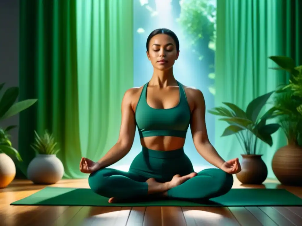 Serena meditación entre plantas verdes: biorretroalimentación Persona meditando en yoga, ambiente sereno con plantas y luz natural, biorretroalimentación aliviar estrés casa