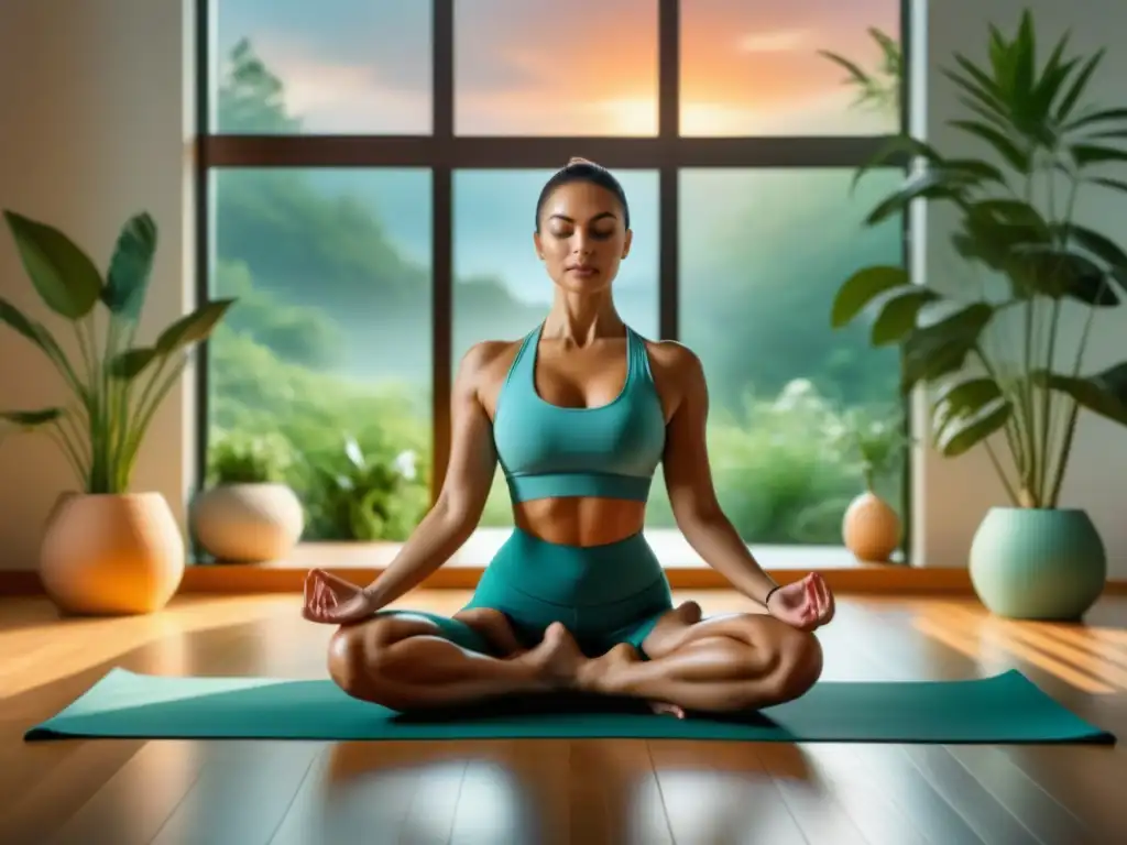 Tranquilidad en Casa: Yoga en Ambiente Sereno Persona practicando yoga en casa, rodeada de plantas verdes y luz natural, transmitiendo calma y enfoque