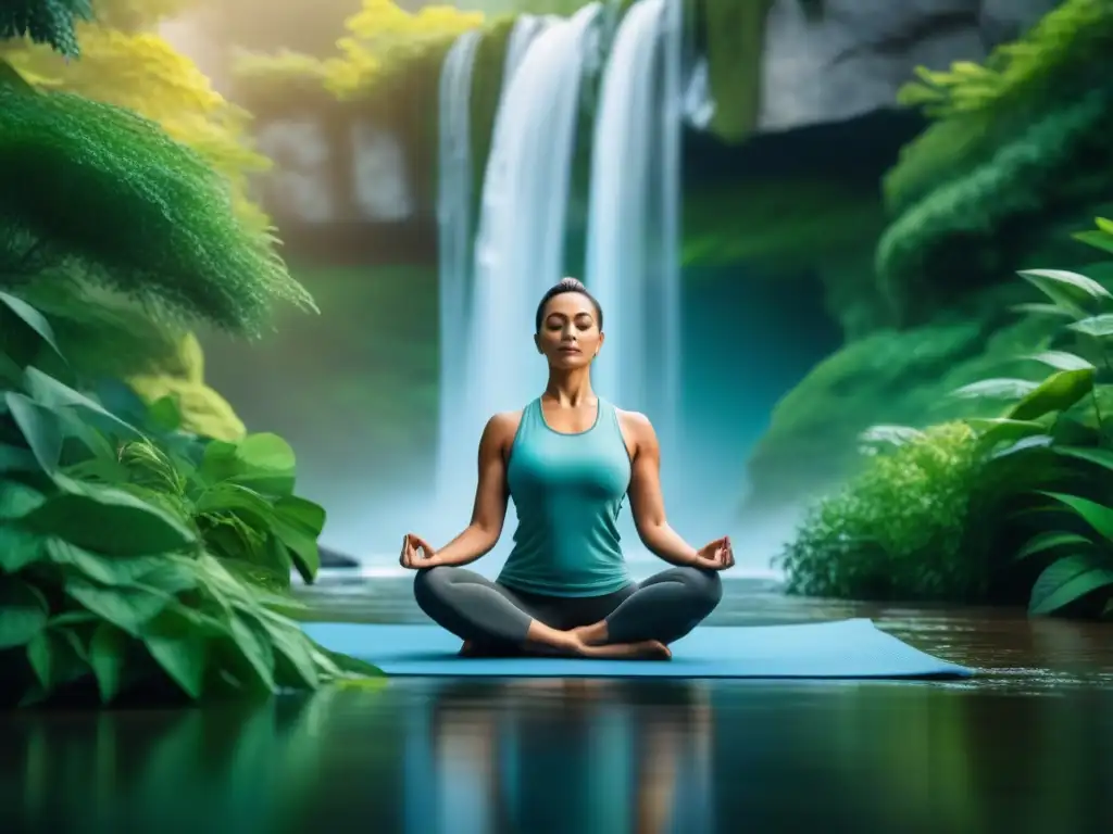 Yoga en casa: armonía y serenidad en la naturaleza Persona practicando yoga en casa, rodeada de plantas verdes y cascada
