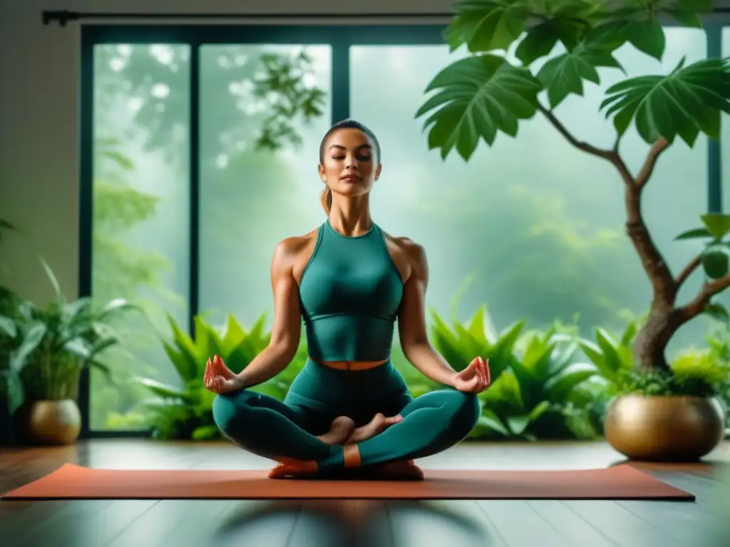 Armonía en árbol: Yoga en mat de lujo Persona practicando yoga en un espacio sereno y lujoso con kits de meditación y yoga