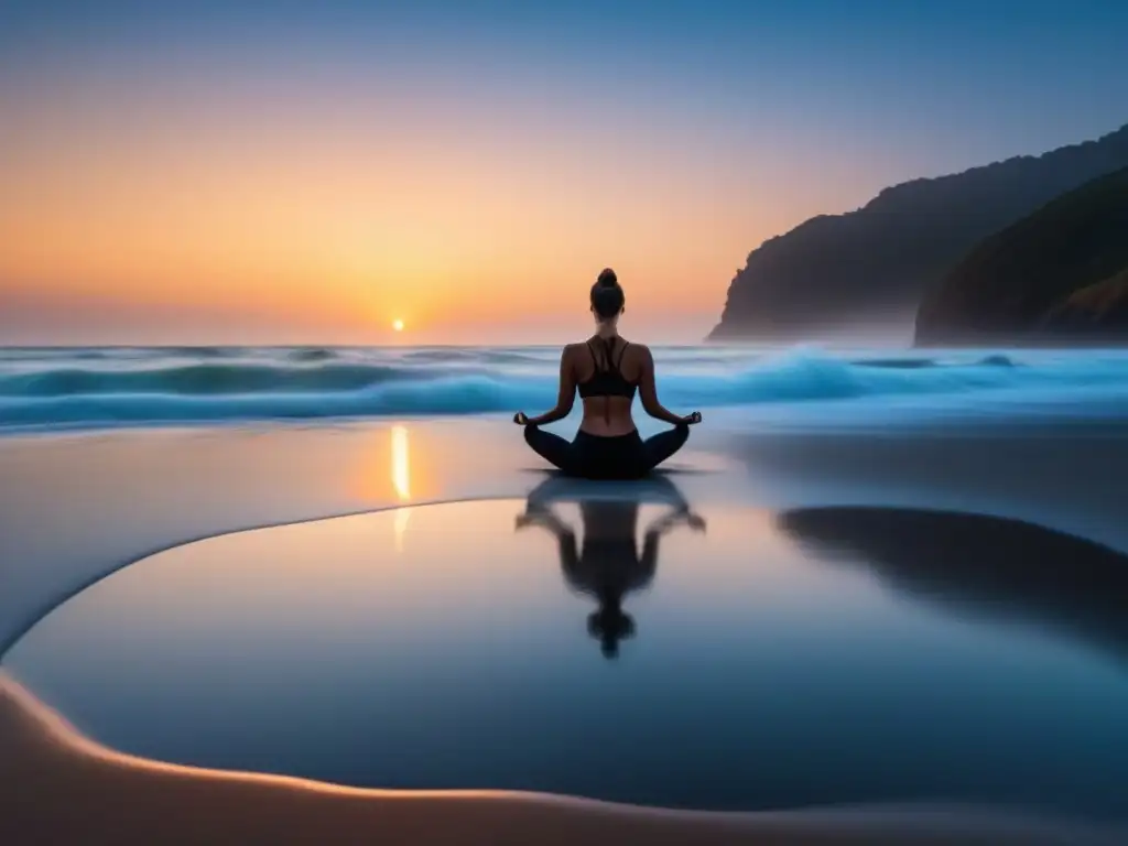 Yoga al amanecer: conexión cuerpo y mente en la playa Persona practicando yoga al amanecer en la playa, reflejando beneficios meditación premium cuerpo mente