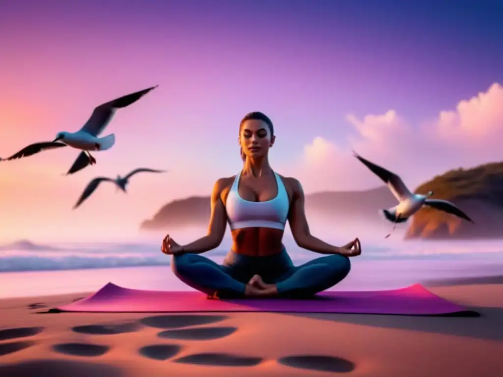 Yoga al amanecer en la playa: serenidad y paz Persona practicando yoga al amanecer en la playa, rodeada de gaviotas