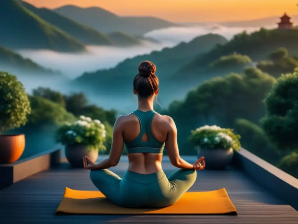 Yoga al amanecer: fuerza y flexibilidad en terraza de lujo Persona practicando yoga al amanecer en terraza minimalista con Kits de meditación y yoga