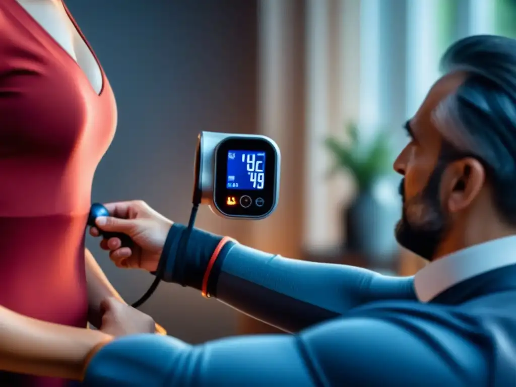 Monitoreo de presión arterial en casa: diversidad y tecnología inteligente Personas diversas usando tensiómetros inteligentes para controlar presión arterial en casa