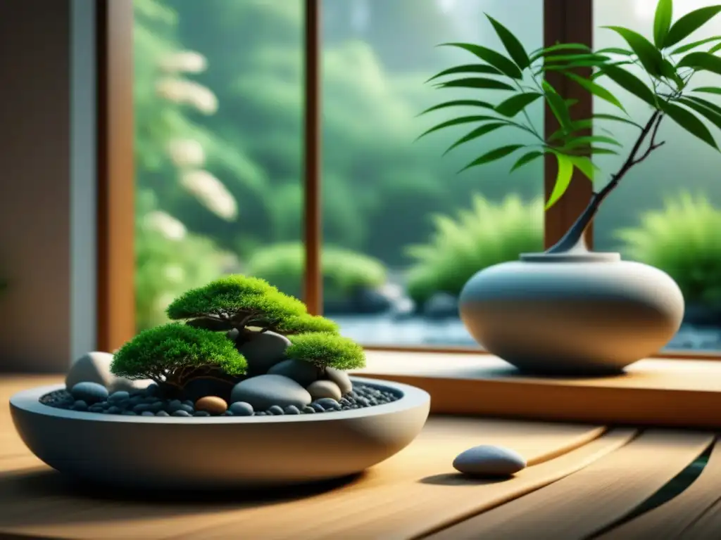 Rincón zen: equilibrio y serenidad con piedras y bonsái Un rincón de jardín Zen con piedras y plantas, en armonía y equilibrio, evocando paz y serenidad