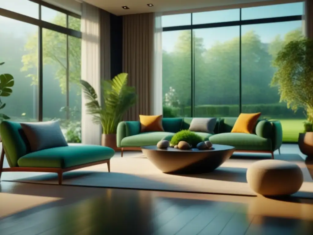 Sala moderna con ventanales al jardín: diseño natural y contemporáneo Decoración con piedras y plantas en moderno salón con vista a jardín, creando armonía natural