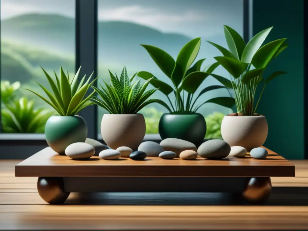Salón minimalista con piedras de río y plantas verdes Decoración con piedras y plantas en armonía en un sereno salón minimalista