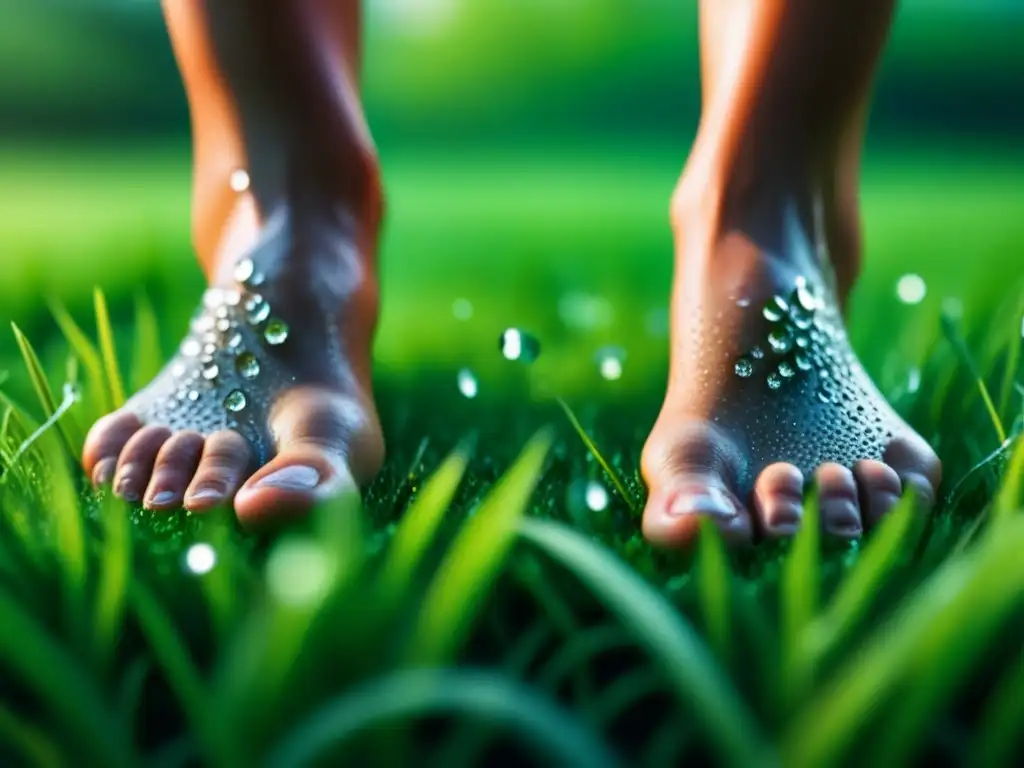 Pies descalzos sobre hierba: conexión natural Unos pies descalzos sobre hierba verde con rocío, conectando con la naturaleza