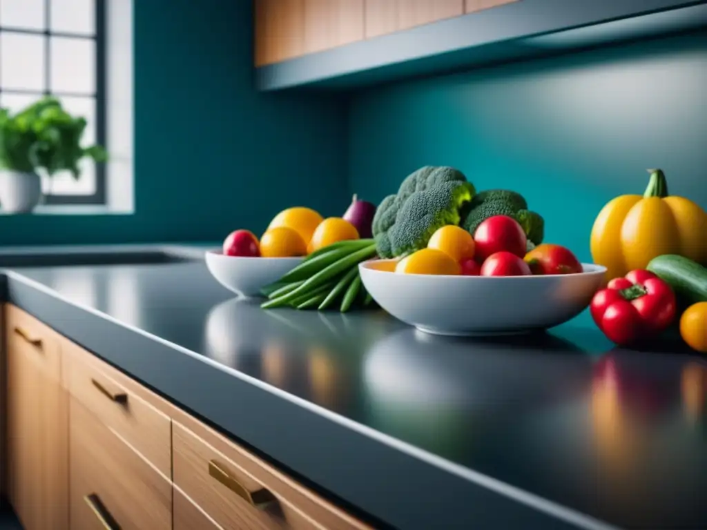 Cocina moderna con frutas y verduras frescas en 8k Plan nutricional para energía sostenible: Cocina moderna con frutas y verduras frescas en cuencos y tablas blancas
