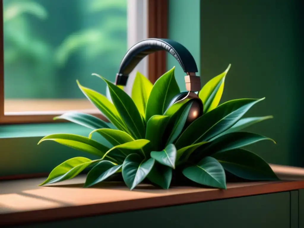 Armonía musical: planta verde con auriculares y luz dorada Planta de interior verde con auriculares, música clásica y luz dorada, en armonía con el ambiente hogareño
