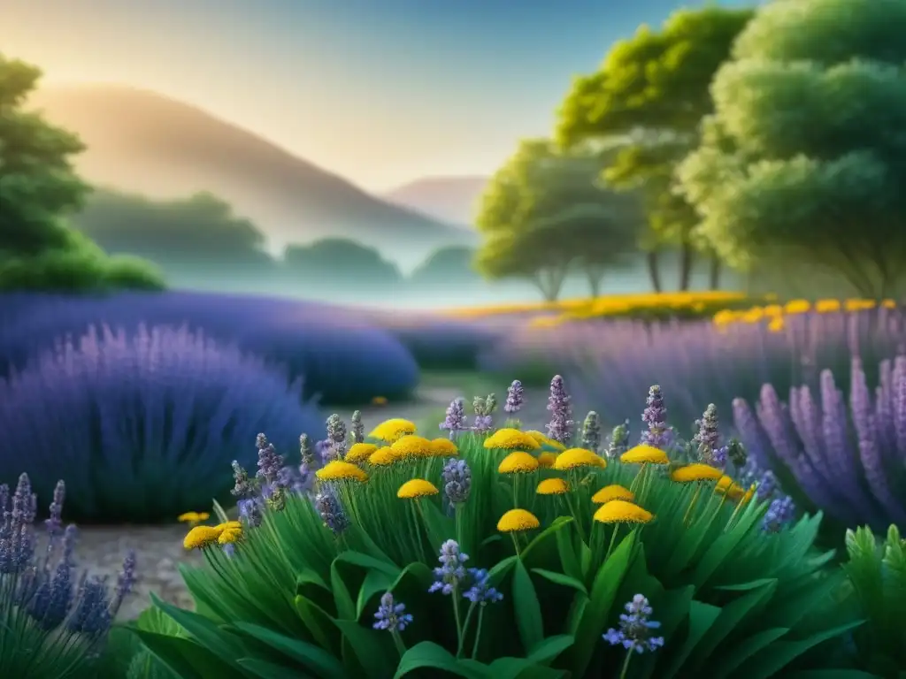 Jardín botánico sereno: ilustración detallada y minimalista Jardín botánico con plantas medicinales que mejoran el estado de ánimo y alivian la depresión