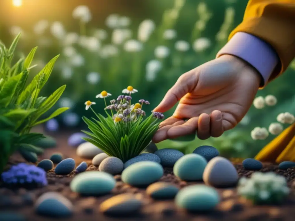 Jardín botánico sereno al atardecer: plantas medicinales en 8k Plantas medicinales para relajación profunda: Jardín botánico sereno al atardecer con luz dorada suave y plantas verdes exuberantes