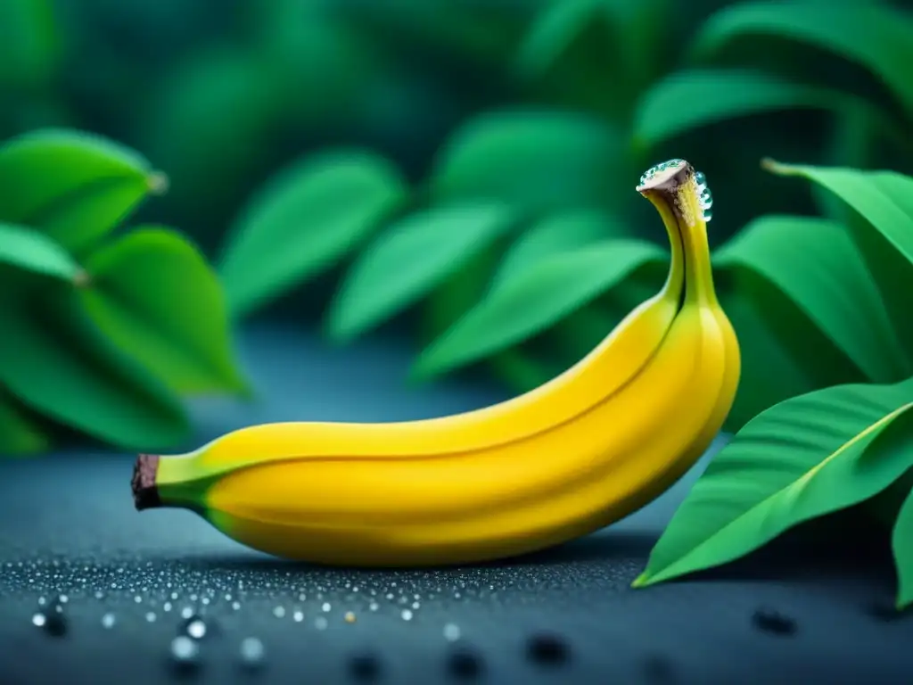 Plátano maduro sobre hojas verdes: serenidad y frescura Plátano maduro sobre hojas verdes transmitiendo calma y relajación