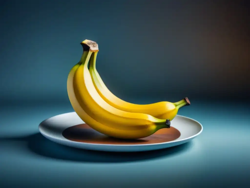 Delicada serenidad: plátano maduro en plato blanco Plátano maduro en plato blanco, iluminado por luz natural