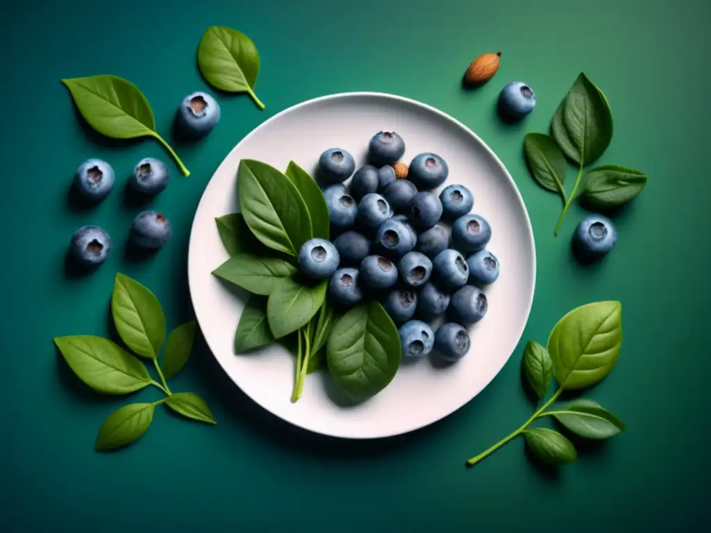 Plato antioxidante: armonía de alimentos vibrantes para la salud mental Plato de alimentos antioxidantes en armonía con beneficios para el estado mental