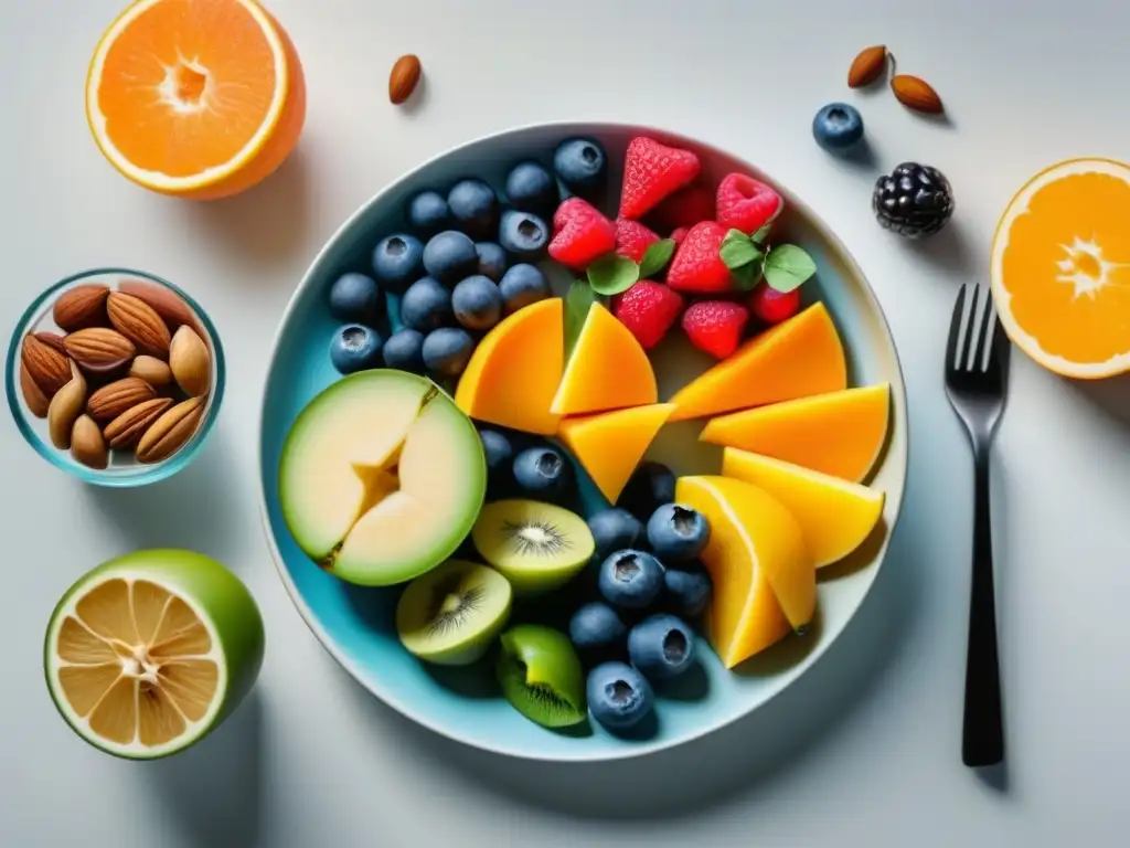 Plato saludable: nutrición y bienestar mental Un plato armonioso de alimentos coloridos y nutritivos sobre fondo blanco