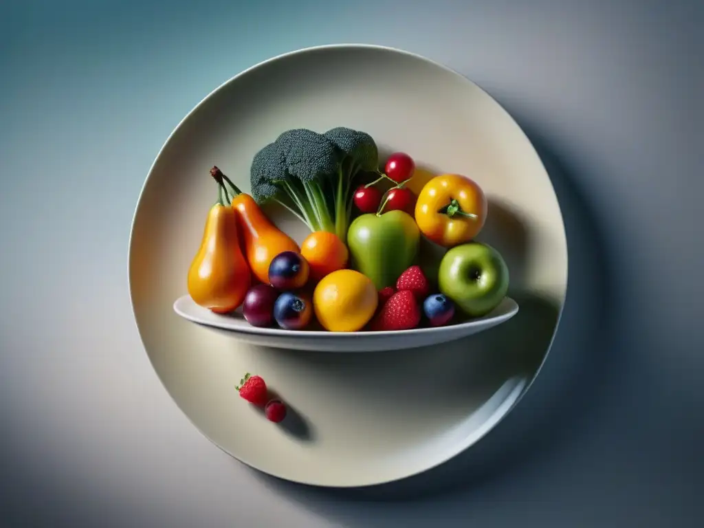 Plato saludable y colorido: una obra de arte nutricional Un plato de frutas y verduras frescas, coloridas y nutritivas, presentadas con arte en un fondo neutro, inspirando salud y equilibrio