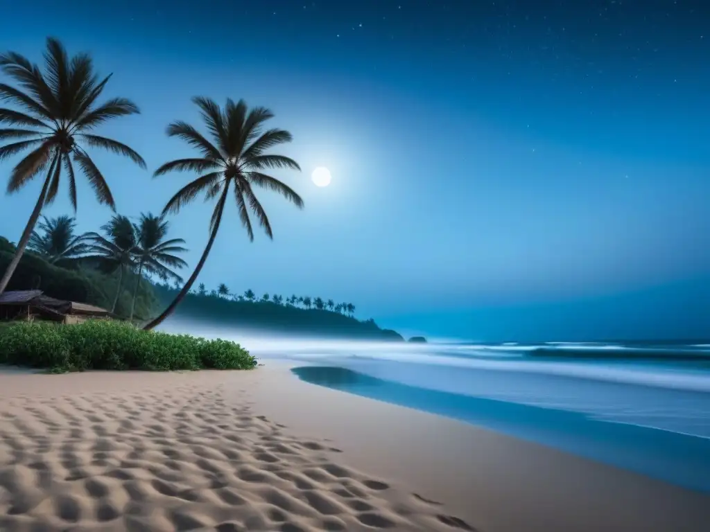 Playa nocturna: serenidad entre palmeras bajo la luna Playa iluminada por la luna con olas suaves, palmeras siluetadas bajo un cielo estrellado