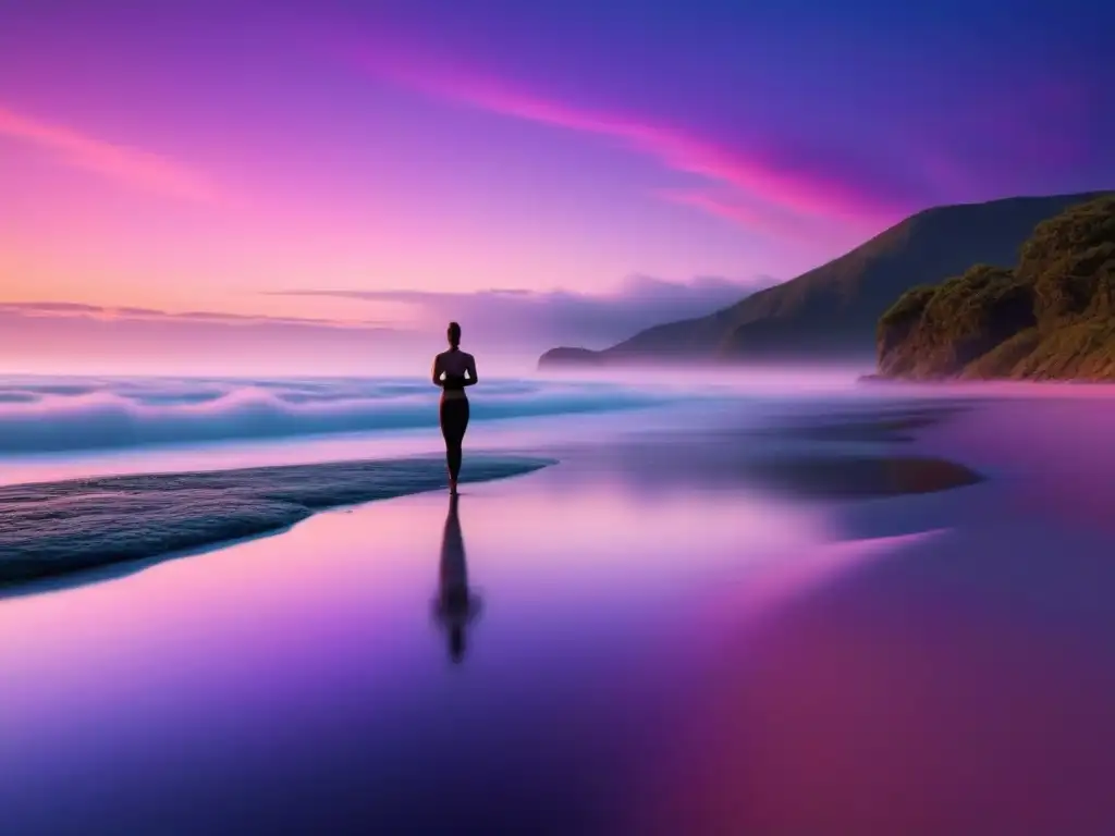 Puesta de sol en la playa: serenidad y relajación con yoga al atardecer Visualización para dormir profundamente: Playa tranquila al atardecer con colores pastel y una figura practicando yoga