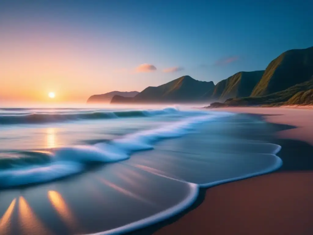 Playa tranquila al atardecer, olas suaves y cielo pastel