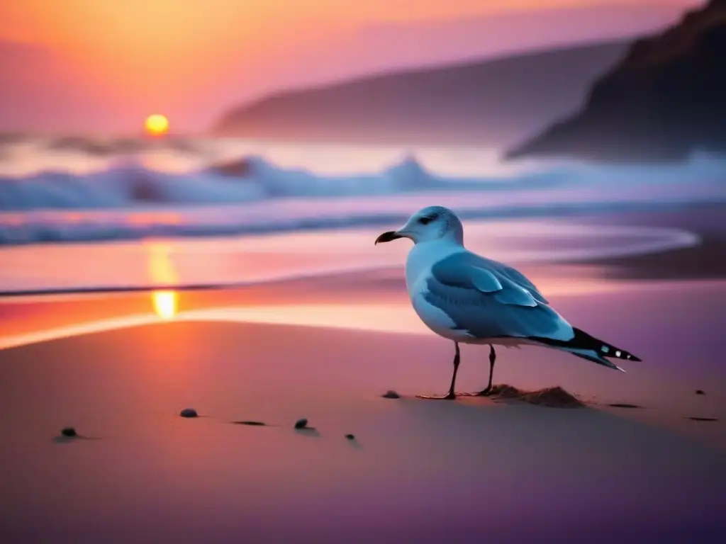 Playa tranquila al atardecer: relajación progresiva en casa Playa tranquila al atardecer con olas suaves, gaviotas y una cálida luz, ideal para la relajación progresiva en casa