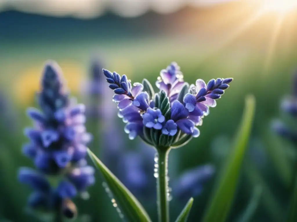 Detalles de una flor de lavanda: belleza natural en macro Poder relajante de la lavanda: Detalle de una flor violeta con rocío, en un campo verde borroso