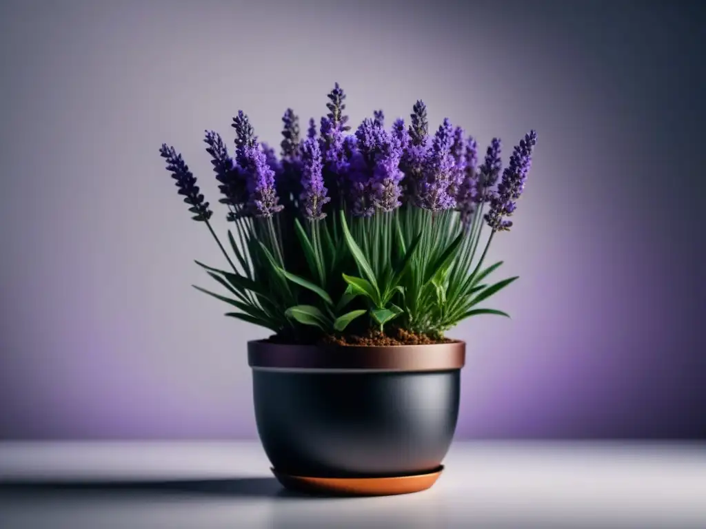 Detalles florales: Lavanda en maceta moderna Poder relajante de la lavanda: planta de lavanda floreciendo en maceta moderna sobre fondo blanco
