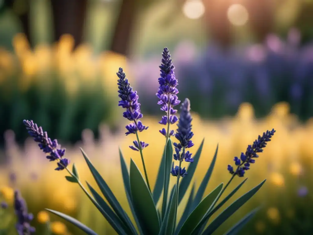 Imagen serena de lavanda en jardín tranquilo El poder relajante de la lavanda en un jardín tranquilo y sereno, con flores pastel en plena floración bajo la luz cálida del sol