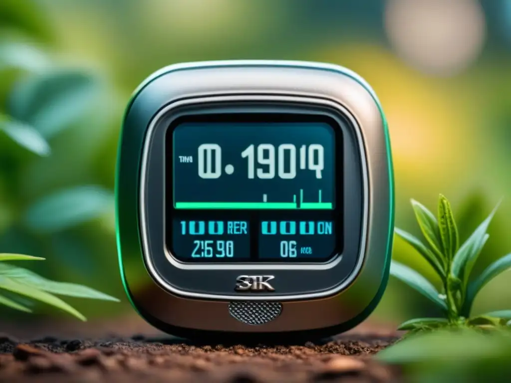 Pedómetro moderno en entorno natural, promoviendo vida activa Un podómetro moderno en un entorno verde vibrante, ideal para un estilo activo