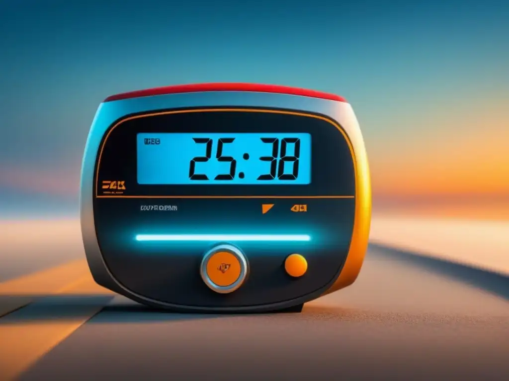 Podómetro moderno: contador de pasos en pantalla vibrante Un podómetro moderno y minimalista con pantalla digital, sobre fondo degradado, para un estilo activo